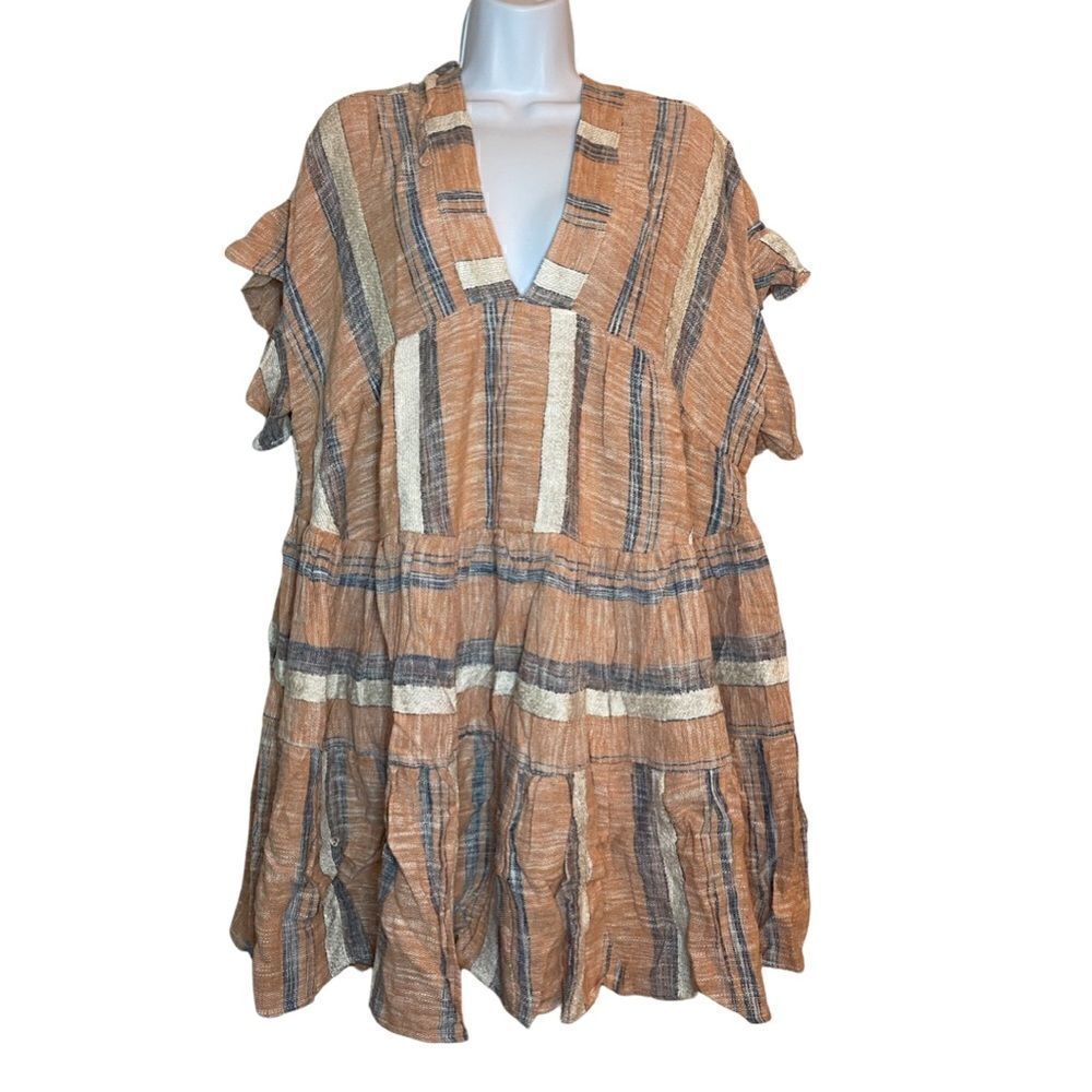 Lulus Striped Double V-Neck Tiered Mini Dress Dusty Orange S